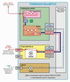 Dataflow diagram for TORNADO-RxmMTCA modular RF mini system with TORNADO-ARX1 radio-processing AMC-module and T/AX-DSFPX network AMC-module in 2-slot MicroTCA mini-chassis with passive backplane